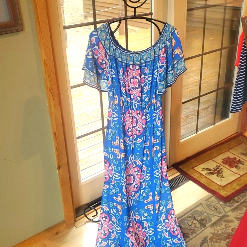 Flying Tomato Blue Floral Off Shoulder Maxi Side Slit Sz. S Dressโ